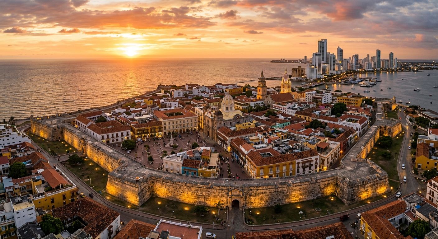 Vista aérea de la ciudad amurallada de Cartagena y Bocagrande al atardecer