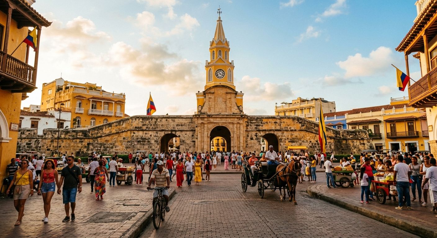 Torre del Reloj y murallas del Centro Histórico de Cartagena al atardecer
